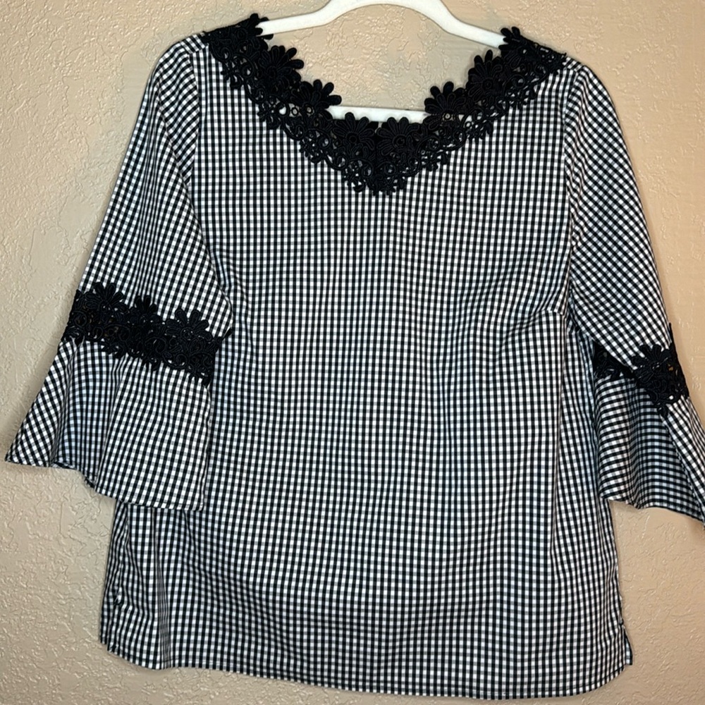 Chico’s Petite Gingham Lace Bell-Sleeve Tunic